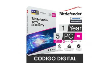 Bitdefender Antivirus Total Security 2020 para 5 dispositivos, licencia de 1 año, codigo digital.